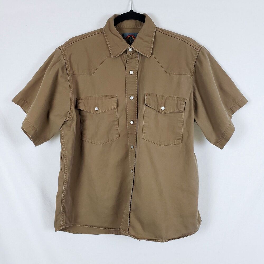 Cowboy Authentic Workwear Western Snap Shirt Mens L Brown Utility Short Sleeve